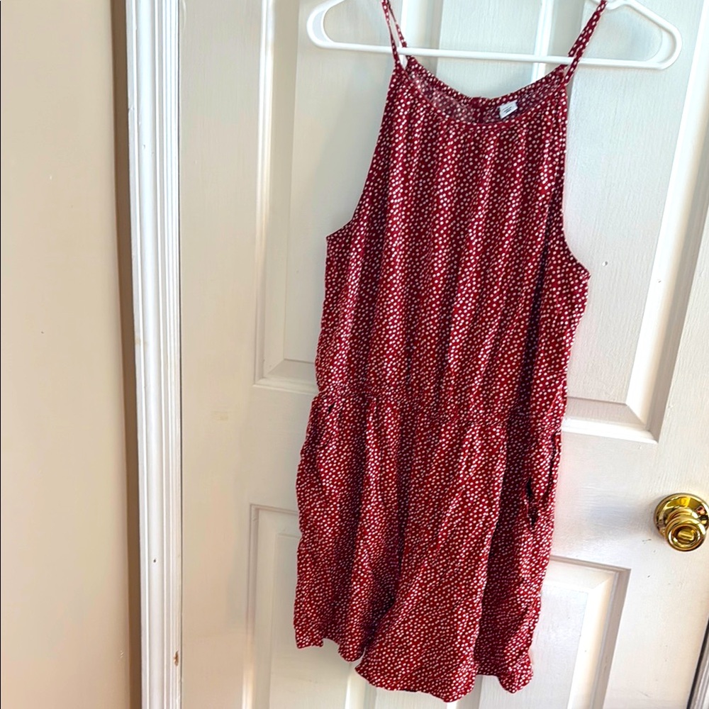 Red Patterned Sleeveless romper with pockets